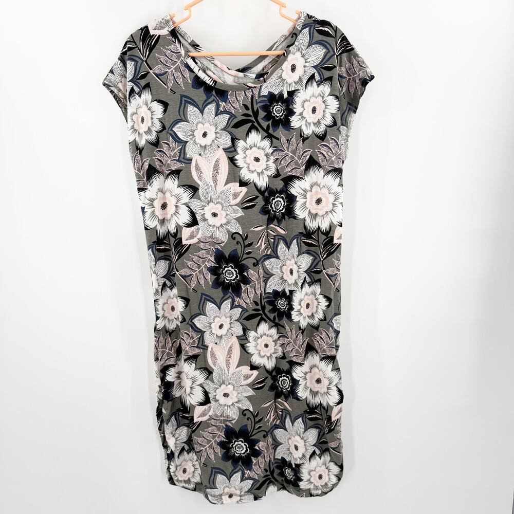 T BY Talbots Dress Size Medium Tropical Floral Open Cutout Back Stretch Ruched - Picture 4 of 16